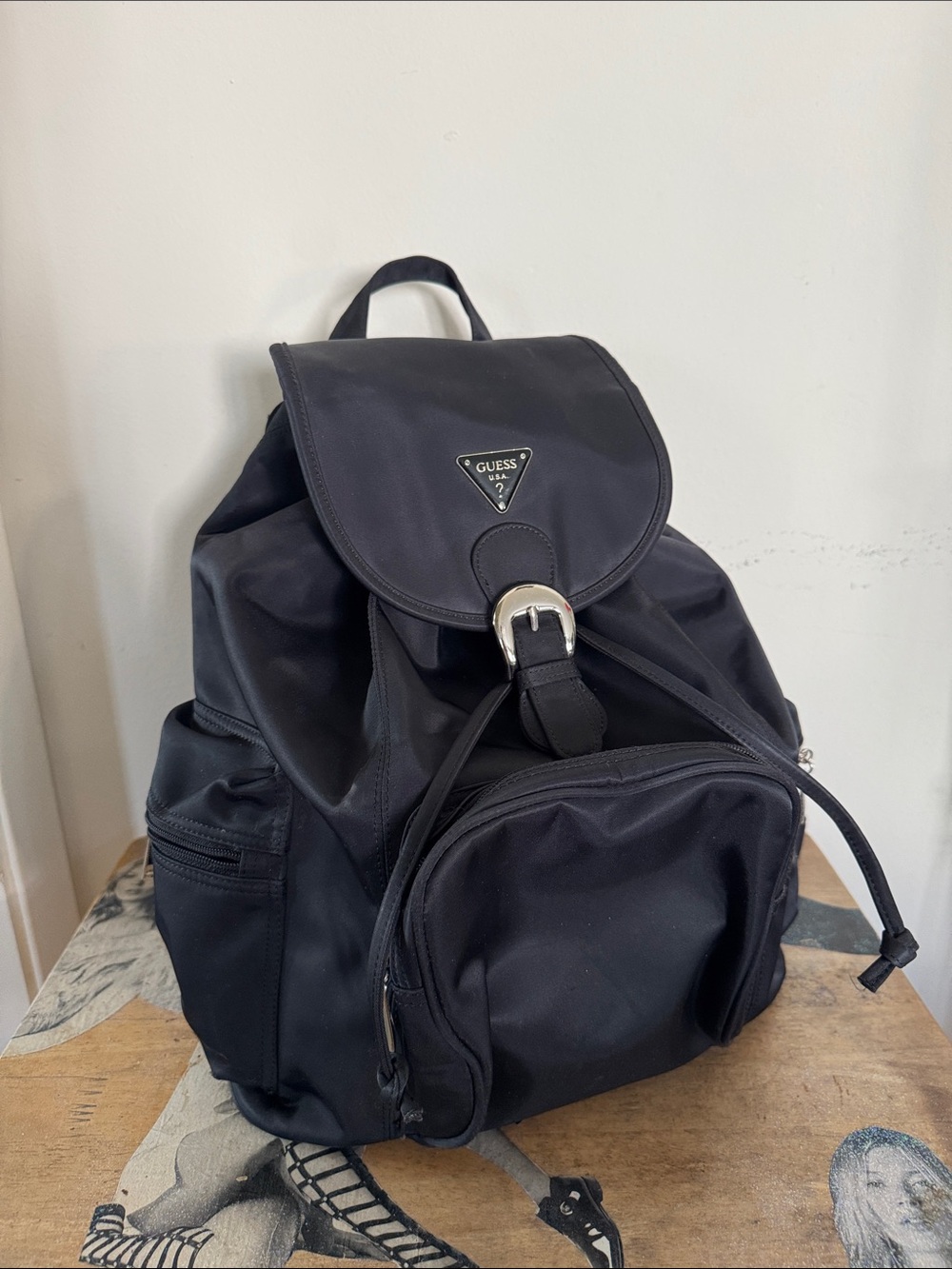 GUESS Black Nylon Drawstring Backpack with Front Pocket
